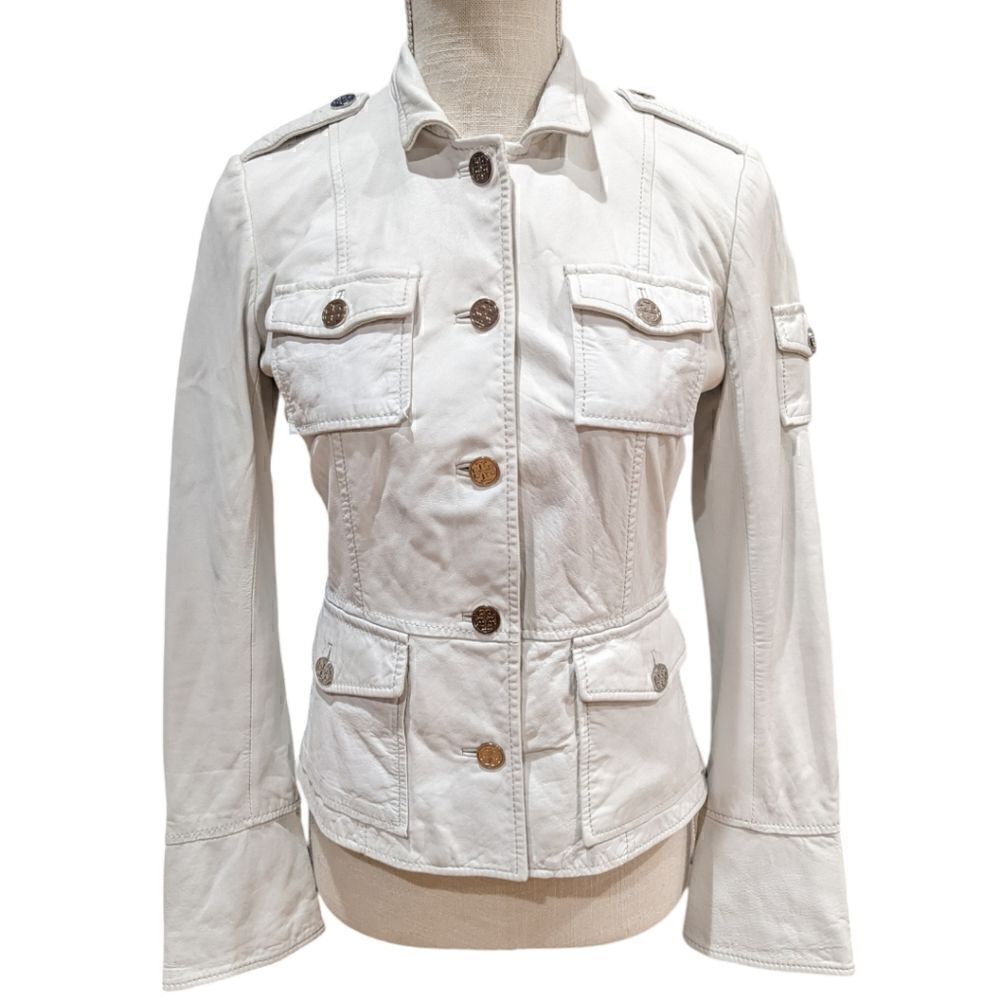 Tory Burch Women's Genuine Leather Utility Military Jacket in White Size 2